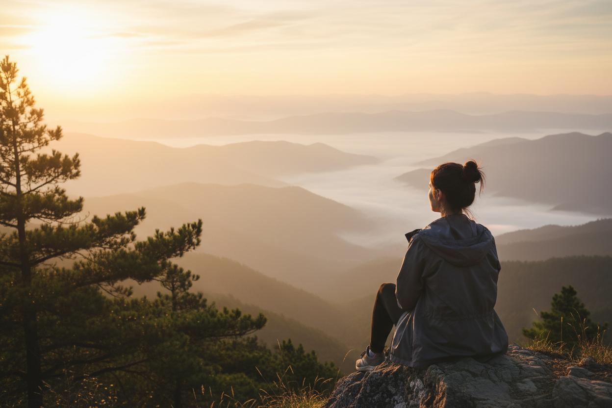 Person overlooking mountains at sunrise